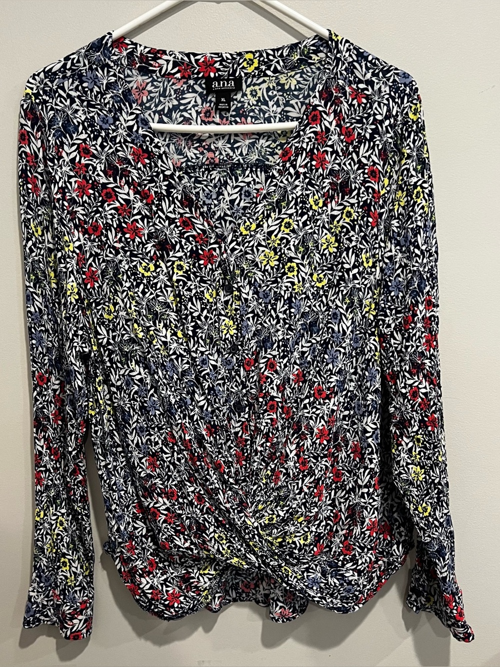A.N.A. floral long sleeve blouse twisted front hem womens XL feminine business